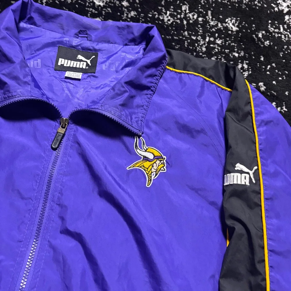 Vintage Puma Minnesota Vikings NFL Windbreaker Jacket Mens 2XL Purple Full Zip